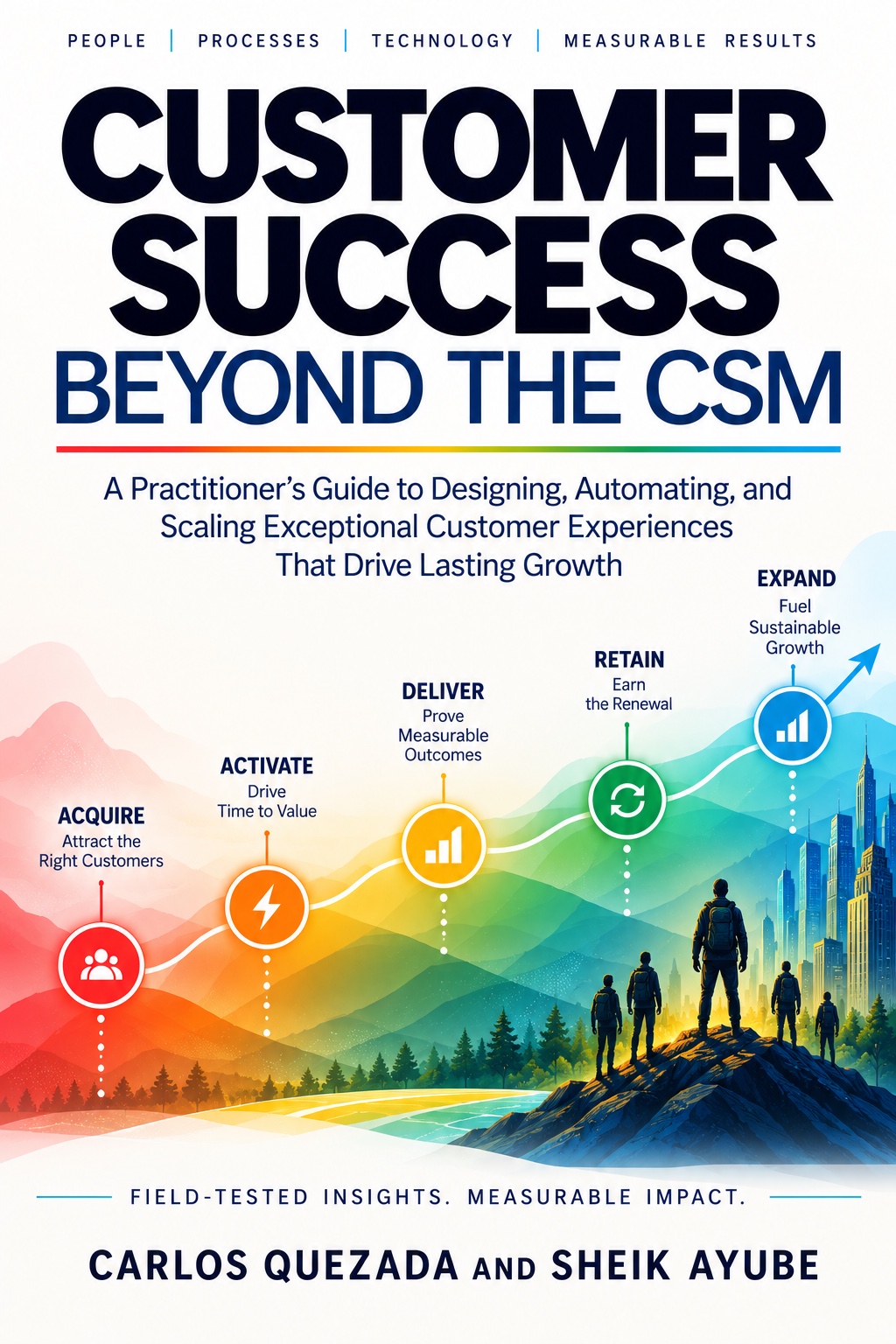 Front cover of Customer Success Beyond the CSM. A winding five-colour road climbs through the stages Acquire, Activate, Deliver, Retain and Expand.